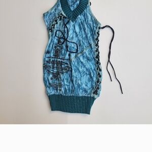SALVAGE Blue Studded Sleeveless Knit Top with Lace-Up Sides. L